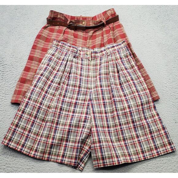 Charter Club Lot of Two Chino Shorts Women's 14 Multi Plaid Pleated Belted Waist - Picture 1 of 16